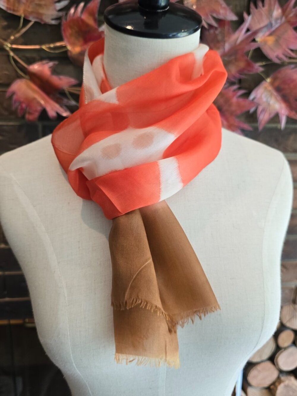 Vintage Silk Scarf, Hand‑Dyed Abstract Design, Orange-Coral, Ivory & Brown​ - Picture 3 of 5